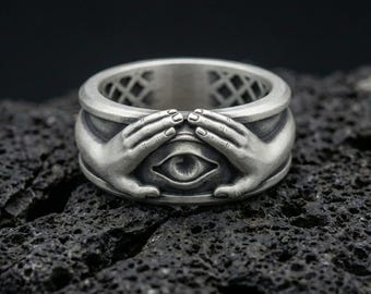 Sterling Silver Illuminati Ring - Gothic Occult Jewelry, Secret Society Symbol