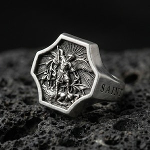 Sterling Silver Archangel Saint Michael Ring, Religious Signet