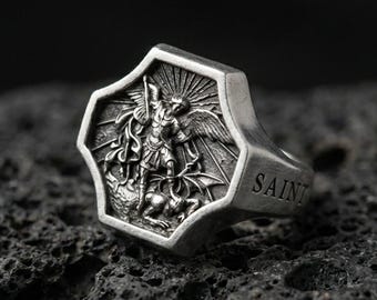 Sterling Silver Archangel Saint Michael Ring, Religious Signet