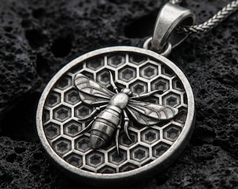 Sterling Silver Honeycomb Bee Pendant Necklace