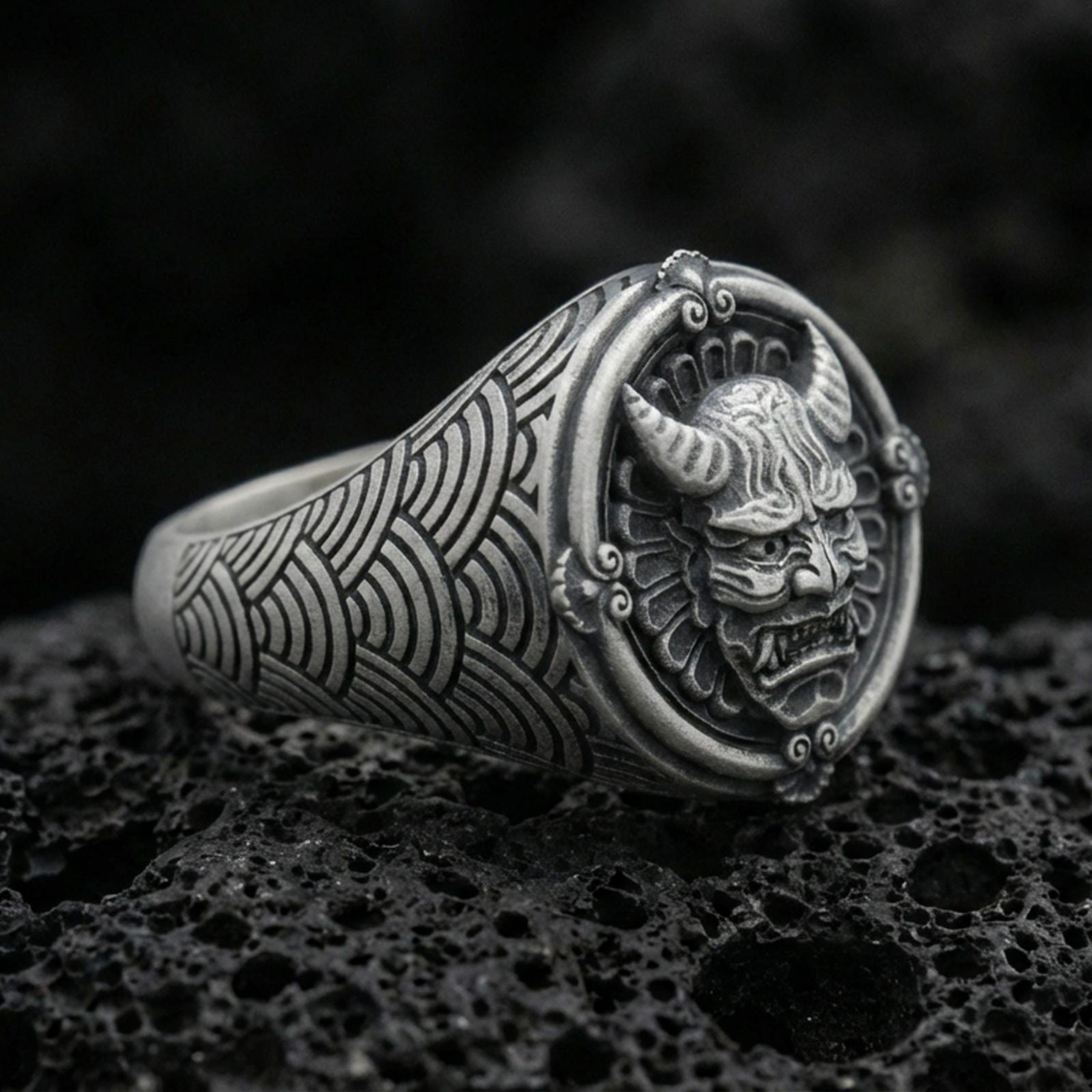 Sterling Silver Oni Mask Ring, Japanese Seigaiha Wave Design - Etsy