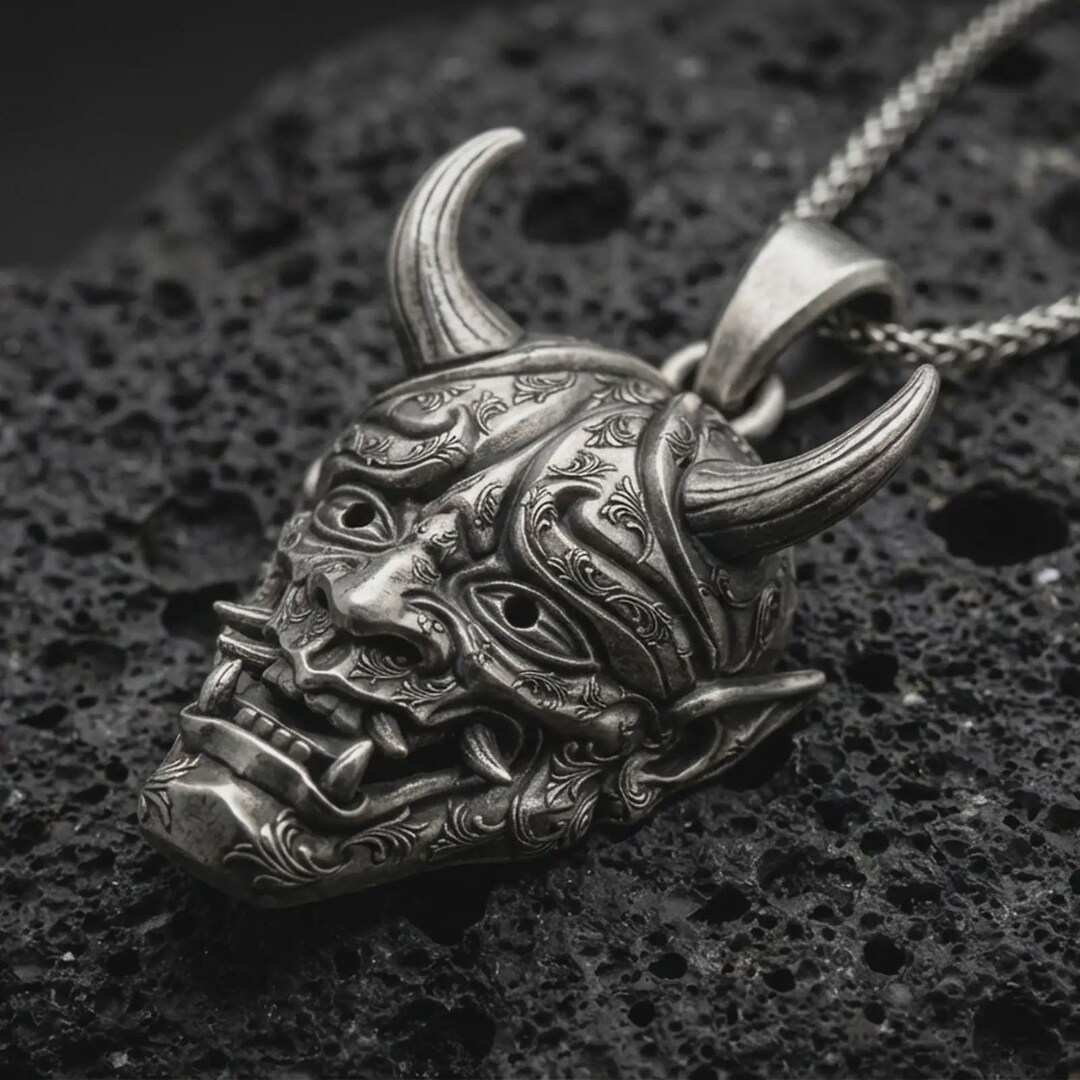 Sterling Silver Oni Mask Necklace, Japanese Gothic Pendant - Etsy