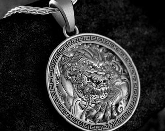 Imperial Guardian Lion Pendant – Chinese Fu Dog Necklace, Feng