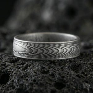 Sterling Silver Damascus Feather Wedding Band, Comfort Fit Ring, Engravable Men's Ring