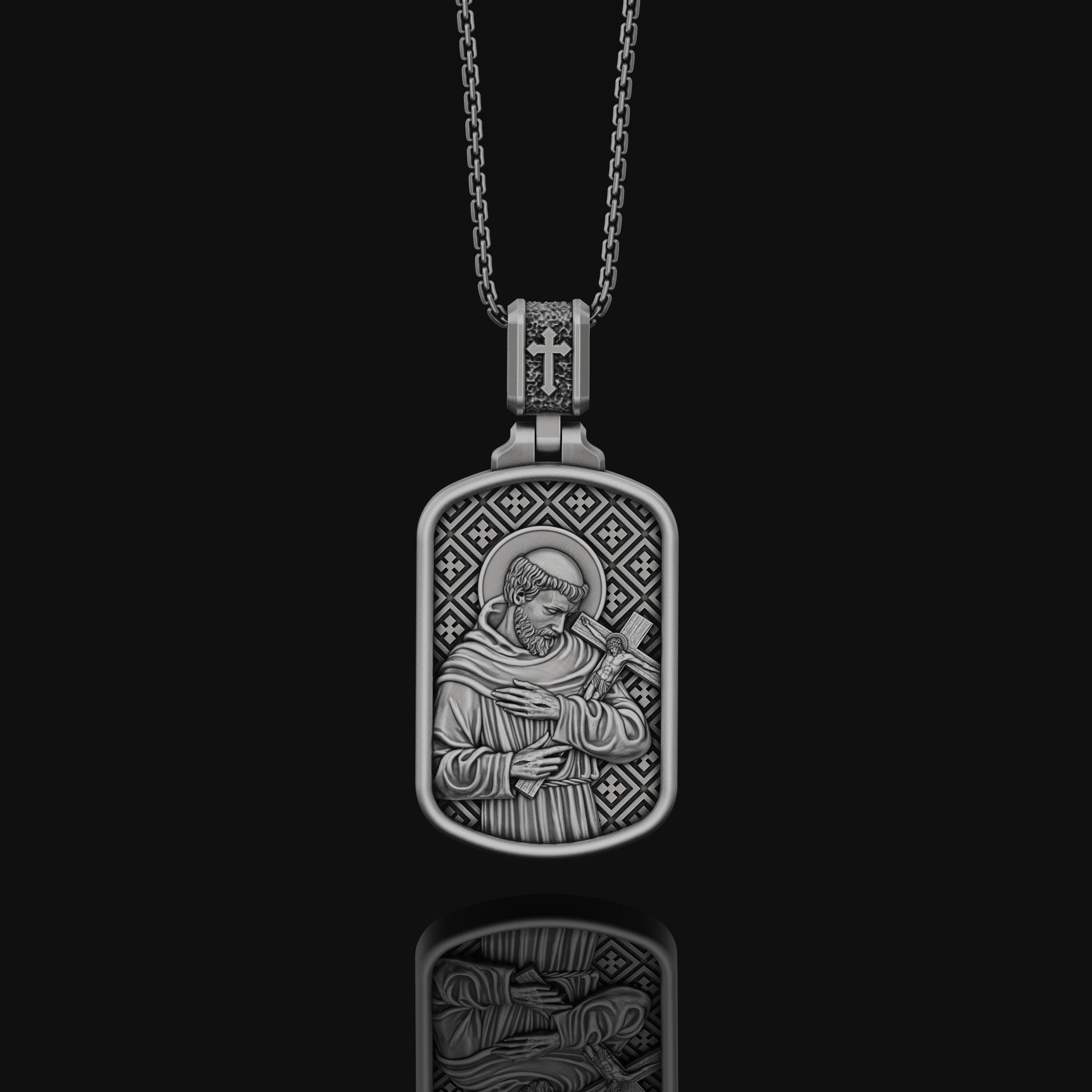 Saint Francis of Assisi Medallion Necklace, Silver St Francis Men's Pendant, Catholic Silver Charm Necklace, Silver Gift For Dad and Mom