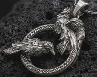 Silver Hugin and Munin Odin's Ravens Pendant Necklace, Norse Viking Jewelry