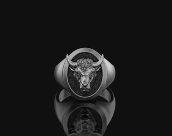 Bull Signet Buffalo Ring Animal Jewelry Mens Accessory Husband Gift 925 Oxidized Sterling Silver Adjustable Signet Ring Gift for Him Birthda