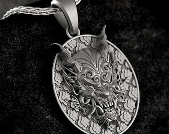 Sterling Silver Oni Mask Pendant, Japanese Demon Necklace