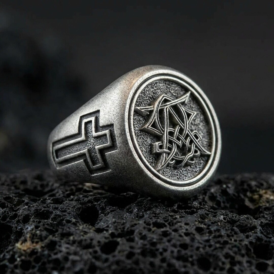 Christian Monogram Ring – Sterling Silver Cross Engraved Signet Ring ...