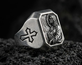 Sterling Silver Jesus Christ Signet Ring, Christian Prayer Ring