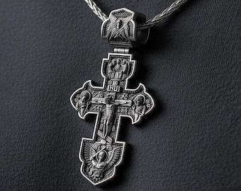 Double Sided Orthodox Cross – Sterling Silver Russian Crucifix Pendant Christian Jewelry