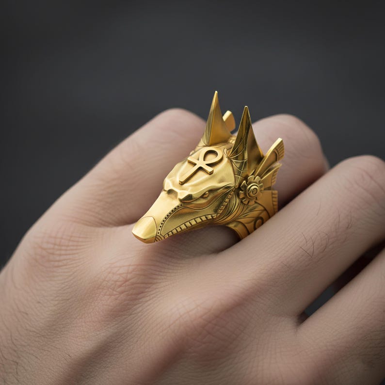 Silver Anubis Ring, Egyptian Ring, Gothic Ring, Mythology, Egyptian God Ring, Ankh Ring, Anubis Jewelry, Eye Of Horus, Ancient Egypt Gold Finish