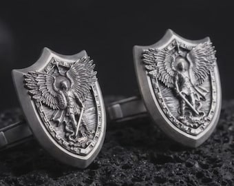 Saint Michael Cufflinks, Sterling Silver Archangel Cuff Links, Catholic Shield Gift for Men