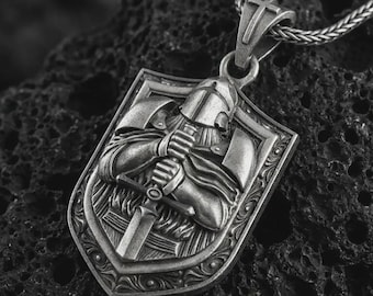 Knight Shield Pendant – Silver Medieval Templar Necklace, Gothic Crusader Sword Jewelry for Men