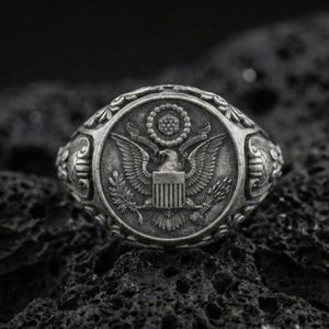 US Army Seal Sterling Silver Signet Ring, Oxidized Gold Plated