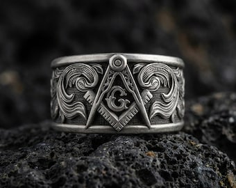 Sterling Silver Masonic Ring, Freemason Symbol Band