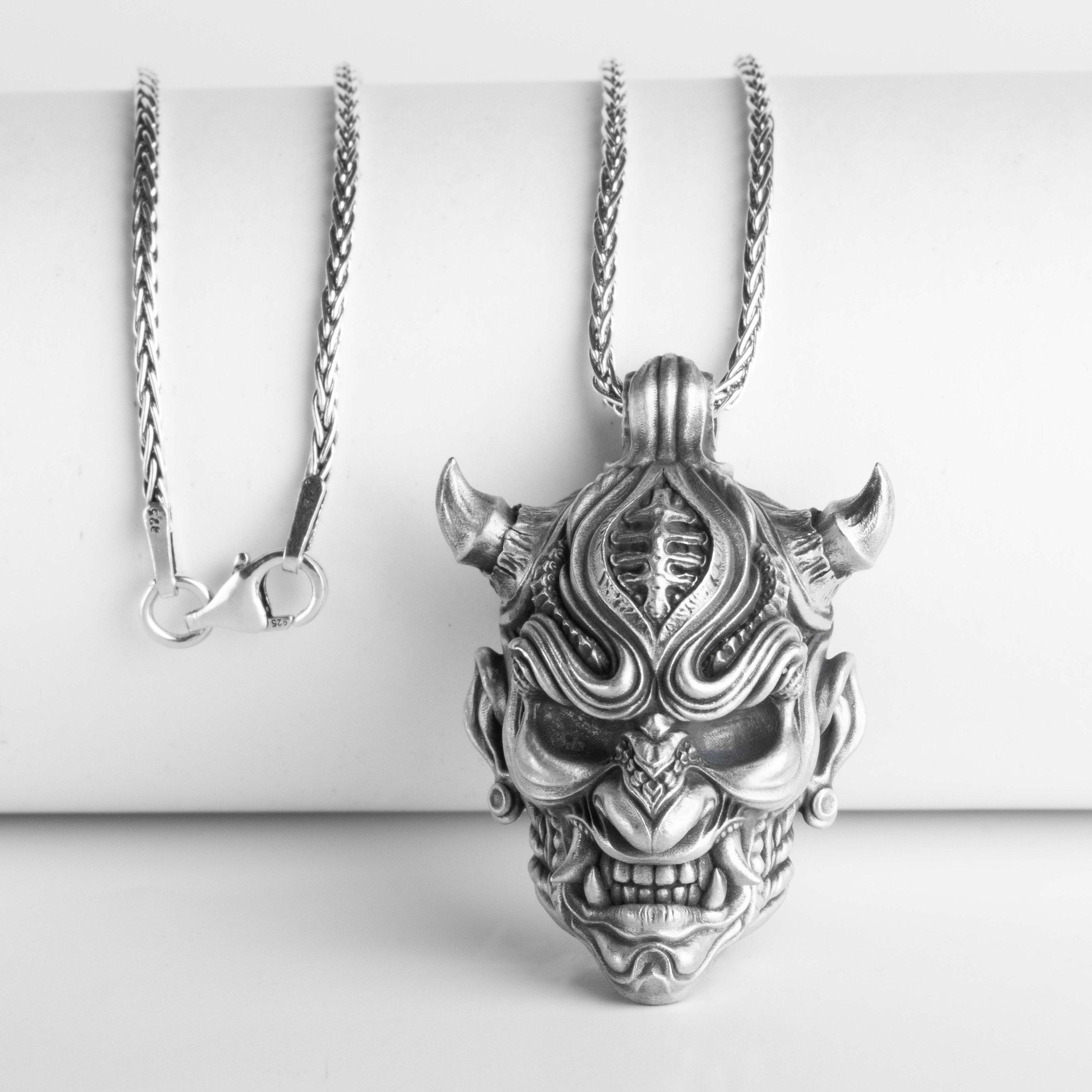 Sterling Silver Oni Mask Pendant, Cyber Samurai Necklace - Etsy