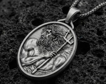 Sterling Silver Poseidon Necklace, Greek God Pendant