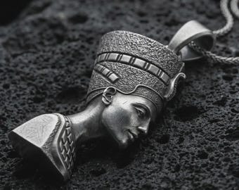 Sterling Silver Nefertiti Charm Necklace, Egyptian Queen Pendant
