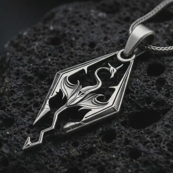 Silver Skyrim Dragon Pendant, The Elder Scrolls, Videogame Jewelry, Replica Geek Gift, Oblivion, Medieval Necklace