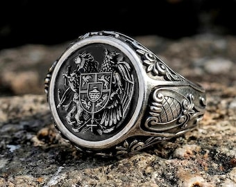 Armenian Coat of Arms Sterling Silver Signet Ring, Oxidized Crest Jewelry