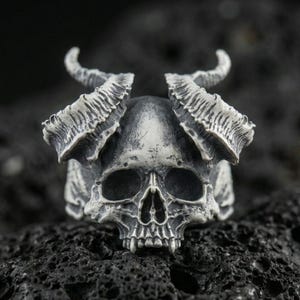 Sterling Silber Dämon Schädel Ring mit Hörnern, Gothic Teufel Schmuck