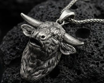 Sterling Silver Buffalo Head Necklace - Rustic Bison Pendant