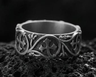 Sterling Silver Floral Cross Ring – Elegant Religious Jewelry