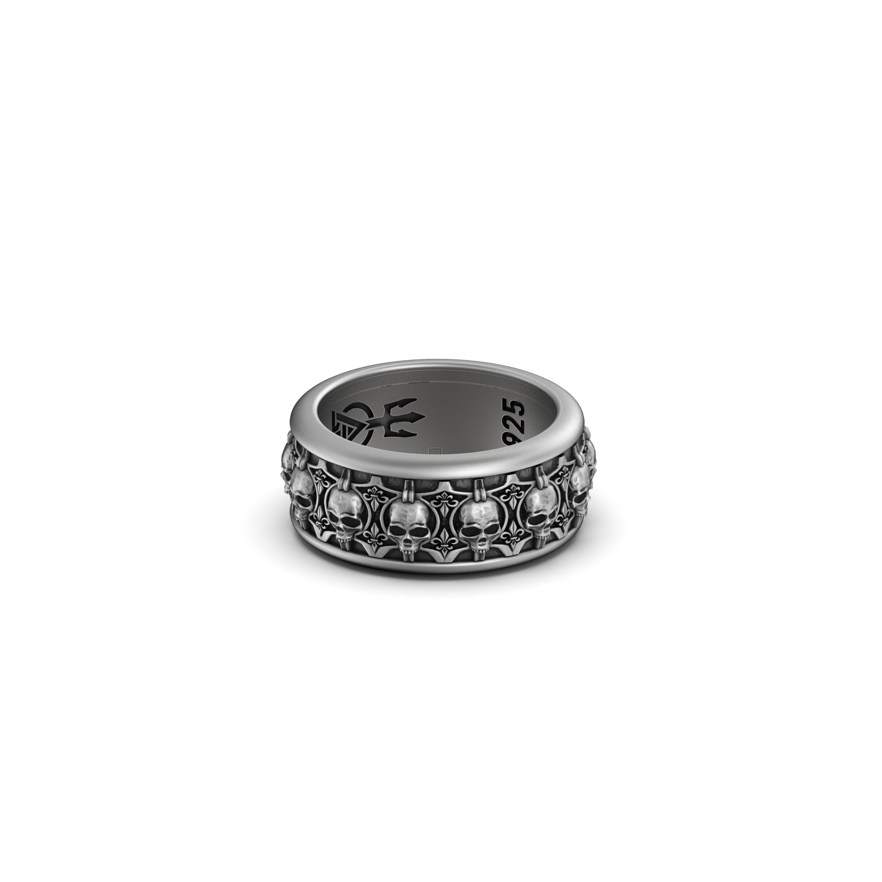 Silver Spinner Fidget  Skulls and Fleur de Lis Band Ring - Gothic Wedding Ring, Elegant Noble Skull Design, Chic Dark Romance Jewelry