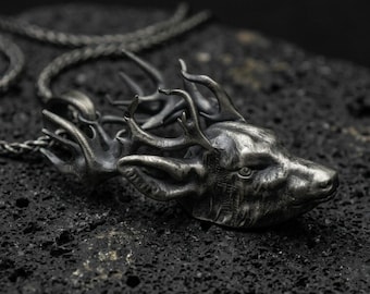 Sterling Silver Stag Pendant, Deer Head Necklace