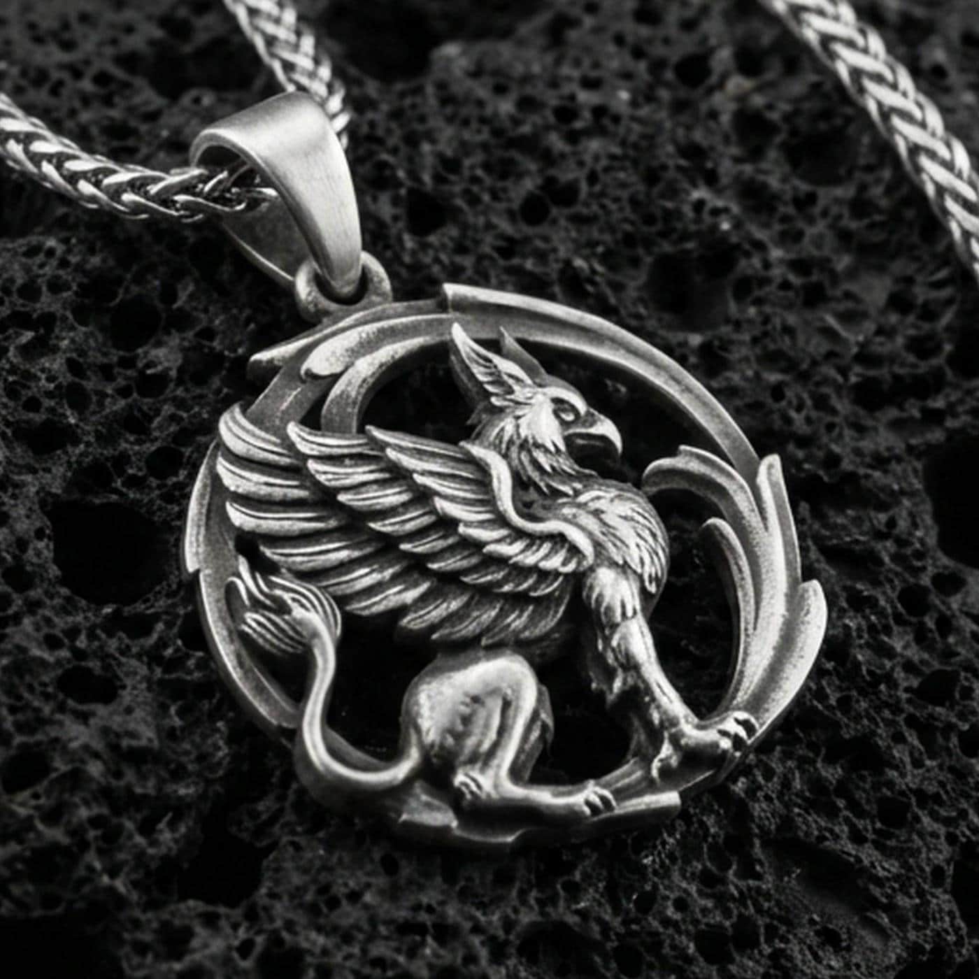 Silver Griffin Pendant - Mythical Gryphon Necklace, Fantasy