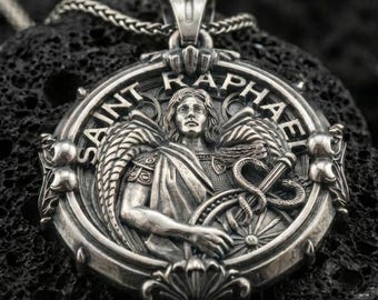 Silver Saint Raphael Pendant - Archangel Raphael Necklace, Healing Angel Jewelry, Christian Spiritual Gift