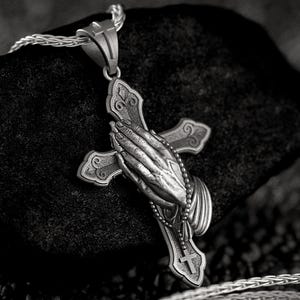 Sterling Silver Praying Hands Cross Necklace • Christian Rosary Faith Pendant for Men Women • Religious Gift Jewelry