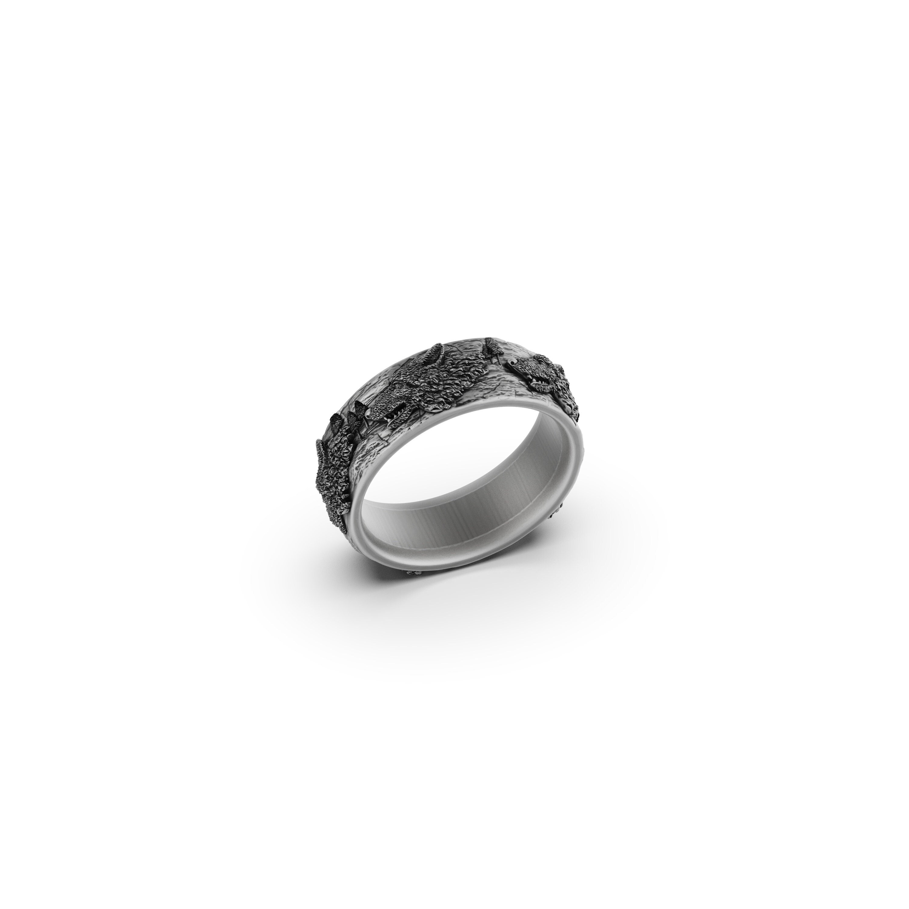 Wolf Pack Wedding Band Ring, Wolf Lover Anniversary Gift, Gift For Husband - Wife, Rose White Gold Sterling Silver Jewelry