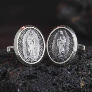 Spinki do mankietów z wizerunkiem Matki Boskiej z Guadalupe, srebrne spinki do mankietów katolickich, prezent religijny dla mężczyzn