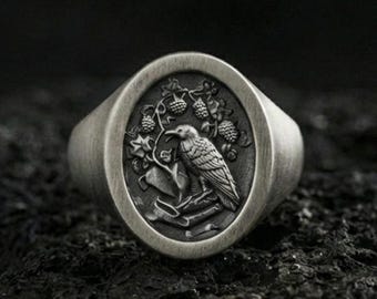 Sterling Silver Raven Signet Ring, Norse Viking Jewelry