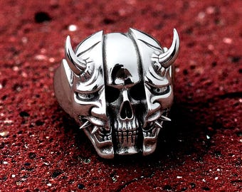 Sterlingzilveren schedelring met onimasker, Japanse samoerai-sieraden