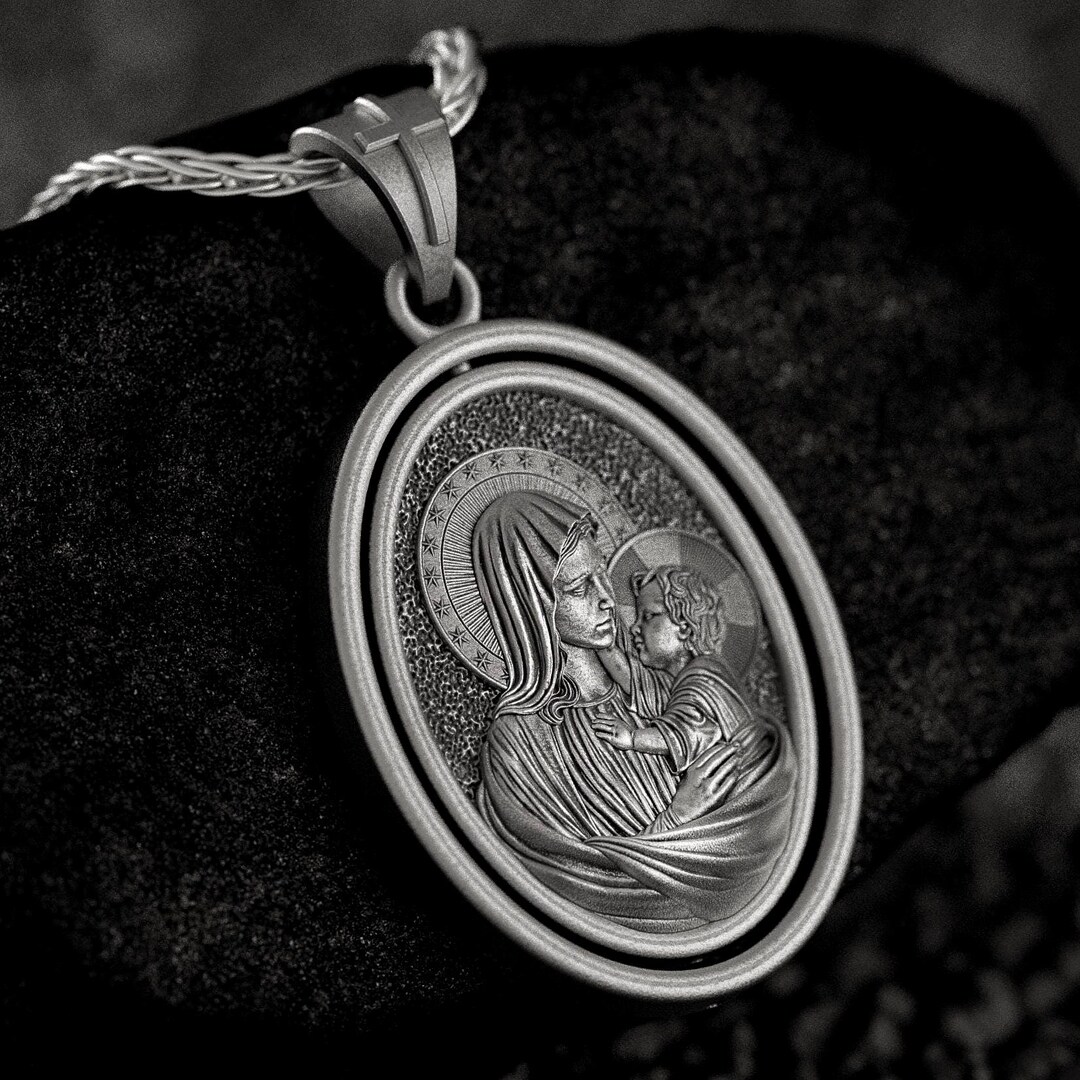 Spinning Sterling Silver Madonna and Child Pendant, Engravable Catholic ...