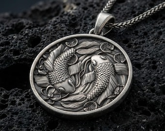 Sterling Silver Koi Fish Yin Yang Pendant Necklace, Japanese Balance Jewelry