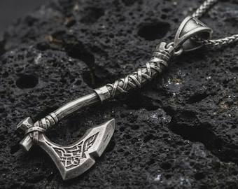 Sterling Silver Viking Axe Necklace, Nordic Celtic Warrior Pendant