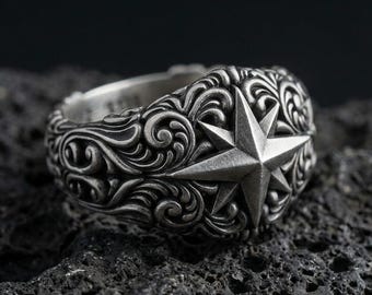 Handcarved Sterling Silver Northstar Ring, Unisex Compass Jewelry