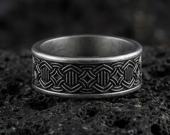 Sterling Silver Aztec Wedding Band Ring, Tribal Boho Style