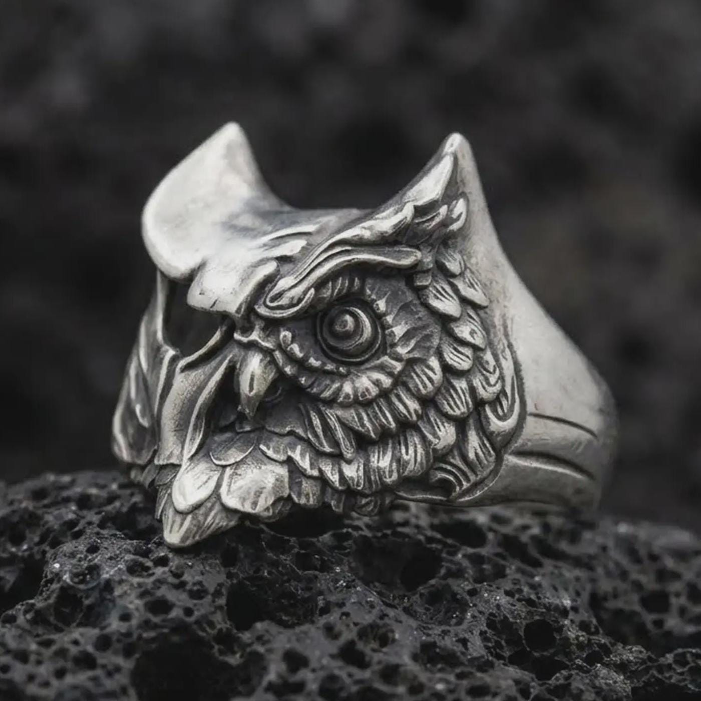 Sterling Silver Owl Ring, Gothic Nocturnal Bird Signet, Wisdom Talisman Band, Unisex Jewelry