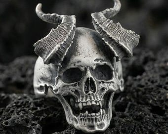 ゴシックシングル角悪魔スカル925スターリングシルバーフィンガー 