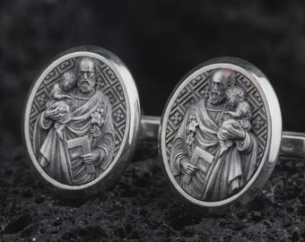 Saint Joseph Engraved Christian Cufflinks Jewelry, Groomsman Gift, Catholic Saint, Religious Cufflinks, Memorial Gift