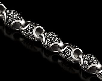 Ornate Pattern Chain Necklace – Solid 925 Sterling Silver – Medieval Motif Link – Unisex Artisan Jewelry Gift