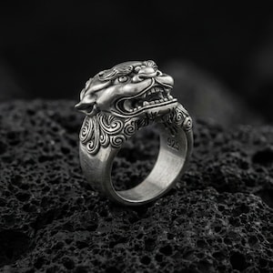 Anello in argento sterling con cane Foo – Sigillo del leone guardiano cinese