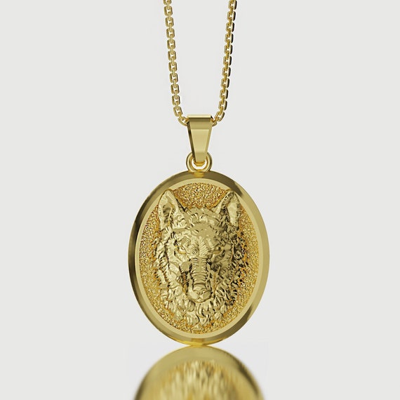 10K Solid Gold Wolf Necklace Men's Gold 
