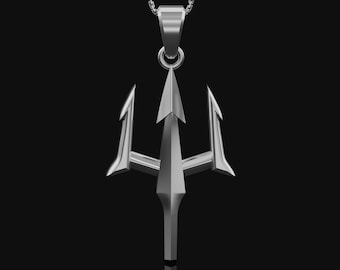 Silver Poseidon&#39;s Trident Necklace, Men&#39;s Charm Pendant, Greek Mythology God, Roman God Neptune, Ocean, Spear, Hellenic Paganism