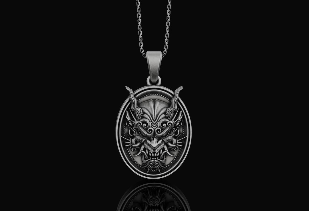 Silver Oni Ghost Necklace Demon Mask Pendant Samurai Jewelry - Etsy